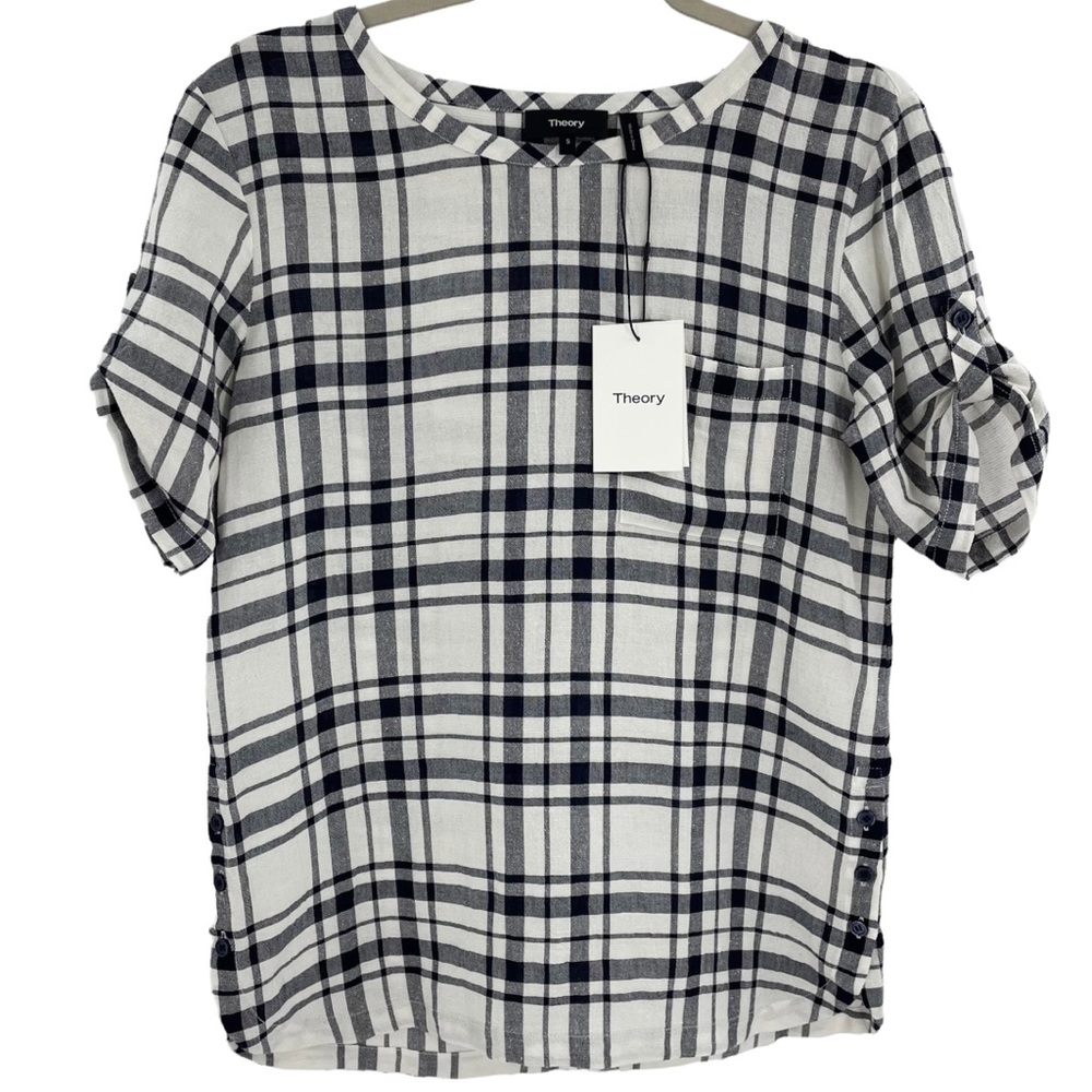 NWT Theory S Plaid Crew Neck Button Top Navy Short Sleeve Viscose Linen